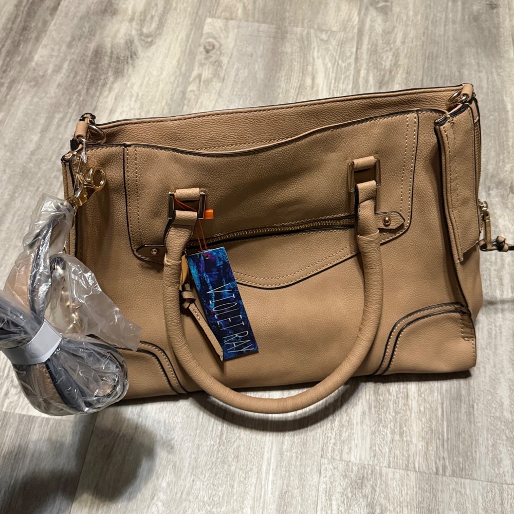 Violet Ray Tan Faux Leather Satchel Handbag Convertible Crossbody With Strap